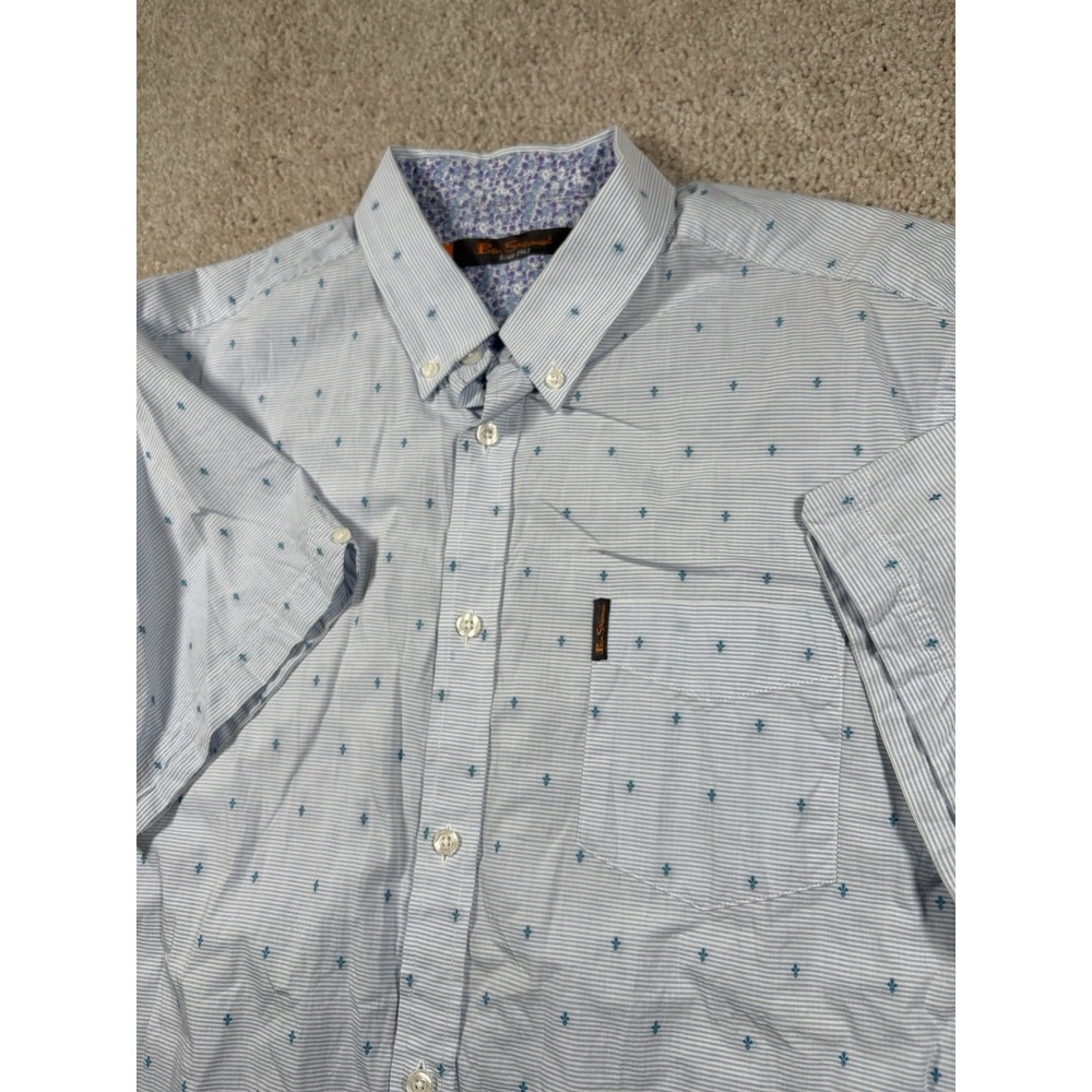 Ben Sherman Mens Shirt Large L Slim Fit Short Sleeve Blue White Striped Geo Mod